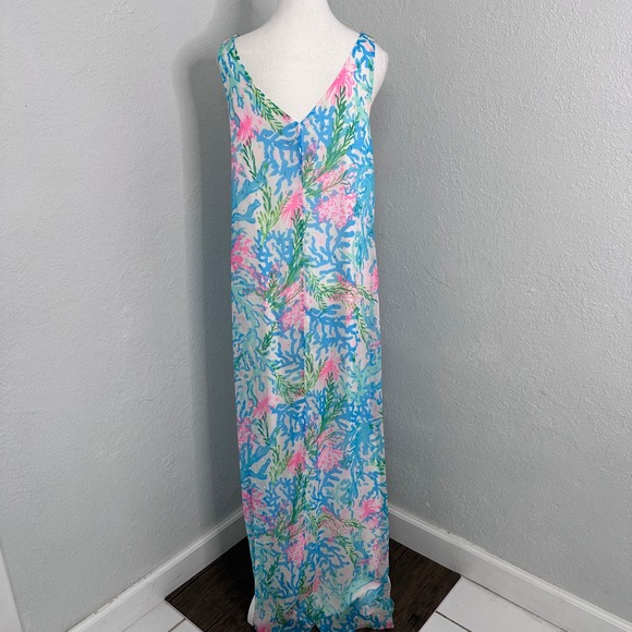 Lilly Pulitzer Lani Blue Pink Coral Metallic Maxi Dress Womens Medium - Picture 6 of 10